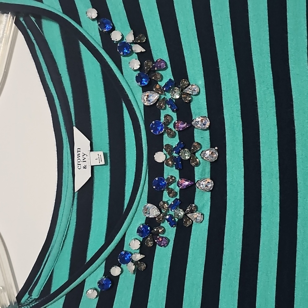 Crown & Ivy Striped Green and Navy Women's Top Rhinestones Sz Large Cotton Modal - Picture 2 of 4